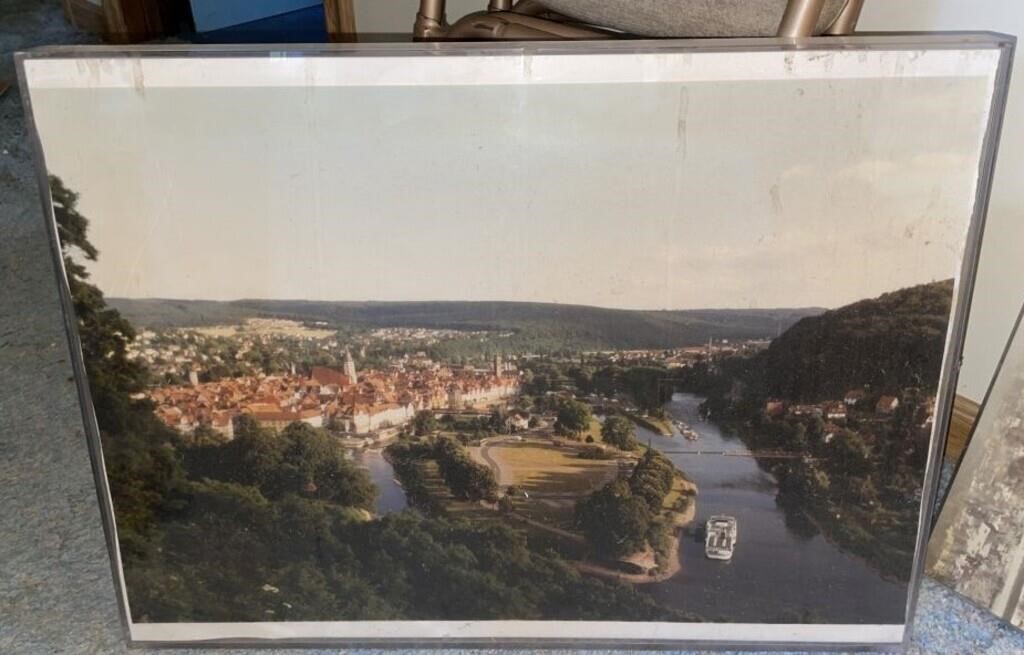 Vtg Large German River Town Framed Photo