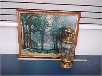 Lake Cabin print by Robert Wood & brass lantern