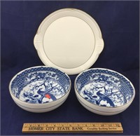 2 Blue and White Bowls and Noritake Cake Plate