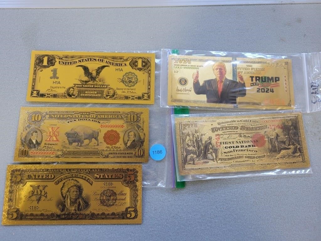 Various gold plated collector bills. Buyer must co