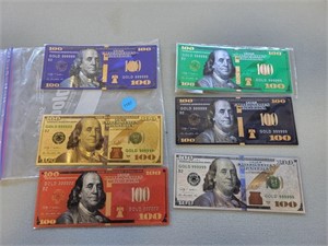 Various gold plated collector bills. Buyer must co