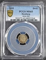 1855 SILVER HAMBURG DREIL PCGS MS65 KM-582