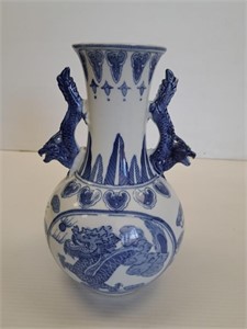CHINESE  BLUE AND WHITE DRAGON HANDLE VASE