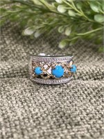 Sterling Silver Turquoise Two-Toned Ornate Band