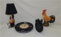 Rooster Lamp, Clock, Dog & Rooster Figurines