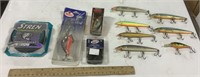 8 Fishing lures, fishing line, & Thumping tails