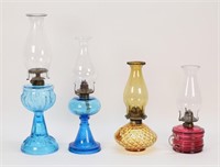 4 Glass Oil Lamps Blue Amber Cranberry