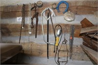 CHAINS, LOG BINDER, HORSE SHOES, BOW SAW