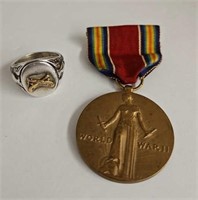 WWII Military Police Sterling Ring and Medal
