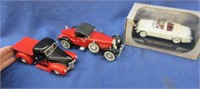 3 smaller die cast cars (1/32 scale) red-black-wht