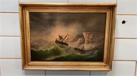 OIL ON CANVAS OF 2 SHIPS IN STORM