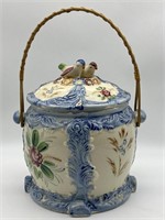 Japanese Porcelain Biscuit Jar w/ Rattan Handle