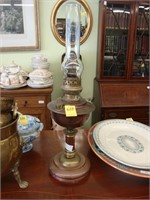 Victorian brass and copper Vista oil lamp, 29"