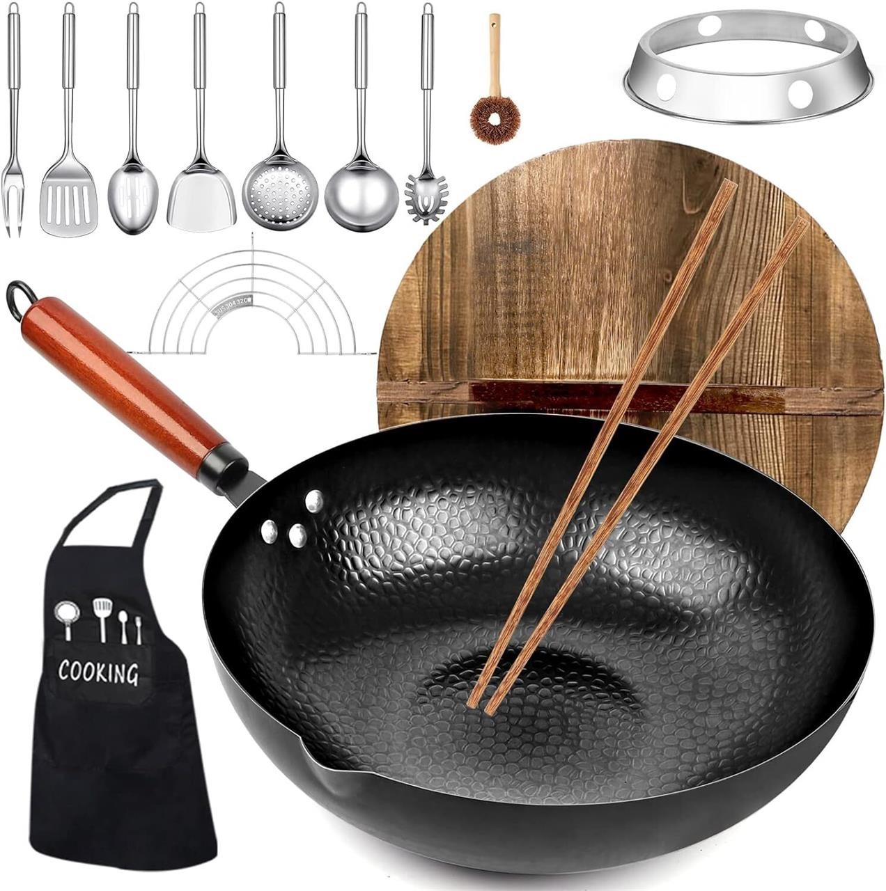 kaqinu Carbon Steel Wok Pan Set - 12.6'