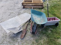 Lawn spreader, wheelbarrow  - leg missing bolt,