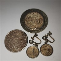 Vintage Mexican Sterling Aztec Calendar Jewelry