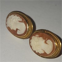 14K Gold & Hand Carved Shell Cameo Earrings