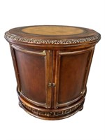 LEATHER TOP CARVED DRUM TABLE