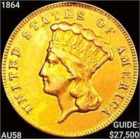 1864 $3 Gold Piece CHOICE AU