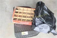 FLOOR MATS, COKE CRATE, 2 LUGGAGE BAGS