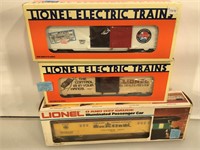3 Lionel O gauge train cars, new in box