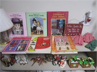 2 Shelf Lots-Doll Books,Lamp,Doll Clothes