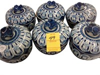 Set of six blue and white oriental rice dishes
