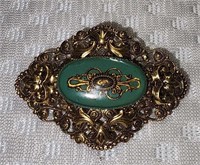 Antique Gold and Jade Ornate Brooch