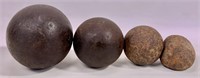 4 iron cannonballs - solid, 4.25" dia., 3.5", 2.5"