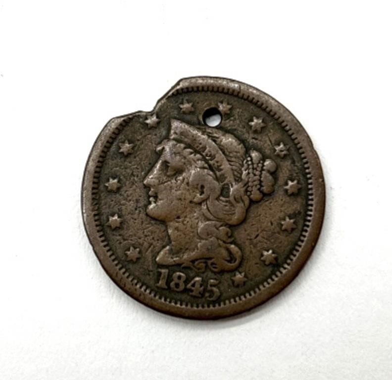 1845 Large Cent (hole cut and chunk missing)