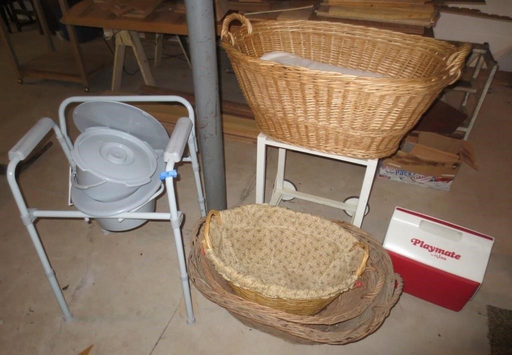 Portable toilet, baskets, cooler, stand