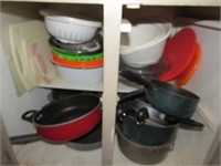 CONTENTS OF CUPBOARD - POTS, PANS, BAKEWARE,