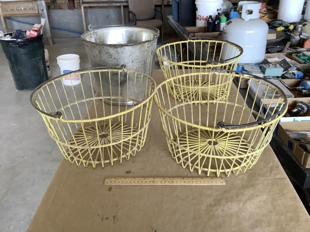 3 egg baskets & galvanized bucket