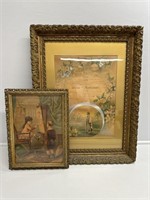 Ornate Wood Framed picture of girl and boy