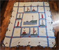 Vtg Lighthouse Quilt Shows Wear / Hole 88" X 79"