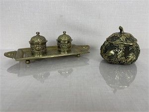 Brass Inkwell and Covered Dish