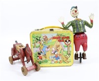 PAINTED CLOWN, MICKEY MOUSE LUNCH BOX AND HORSE