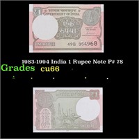 1983-1994 India 1 Rupee Note P# 78 Grades Gem+ CU