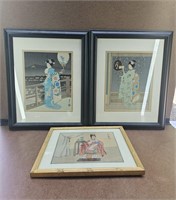 3 Vtg Geisha Japanese Woodblock Prints