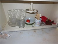 Assorted glassware, kitchen items.