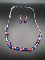 Red & Blue Beaded Necklace & Earrings