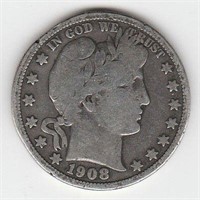 1908 D US Barber Half Dollar Coin 90% Silver