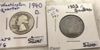 (2) SILVER QUARTERS: 1903 BARBER, 1942 WASHINGTON