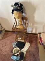 HAT ON WICKER STAND, BROOCHES, WOMEN'S GLOVES,