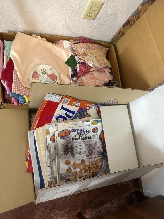 2 BOXES--WHEATIES BOXES, FABRIC, UPSTAIRS BEDROOM