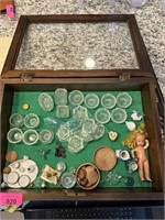 DISPLAY CASE W CONTENTS LG LOT OF OPEN SALTS MORE