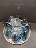 Blue Glasses, Clear Swirl Pitcher and Tray