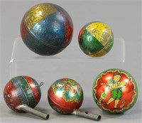 FIVE TIN LITHOGRAPHED CHRISTMAS CANDY CONTAINERS