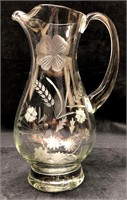 Vintage MCM Etched Glass Pitcher - Wheat & Floral