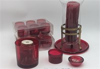 RED GLASS CANDLE HOLDERS AND BRASS CANDLE VOTIVE H